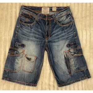 Kanji Mens Denim Cargo Shorts Size 34 Blue Heavy Wash Contrast Stitch Y2K Baggy